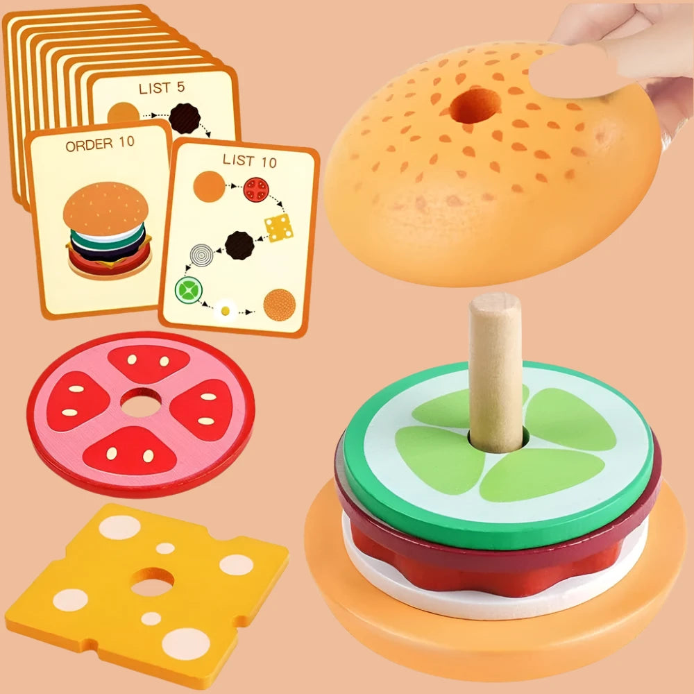 Montessori Wooden Burger Stacking Toys For Toddler Kids Preschool Learning Educational Toys Fine Motor Skill Kitchen Toys Gift Tot Sensory